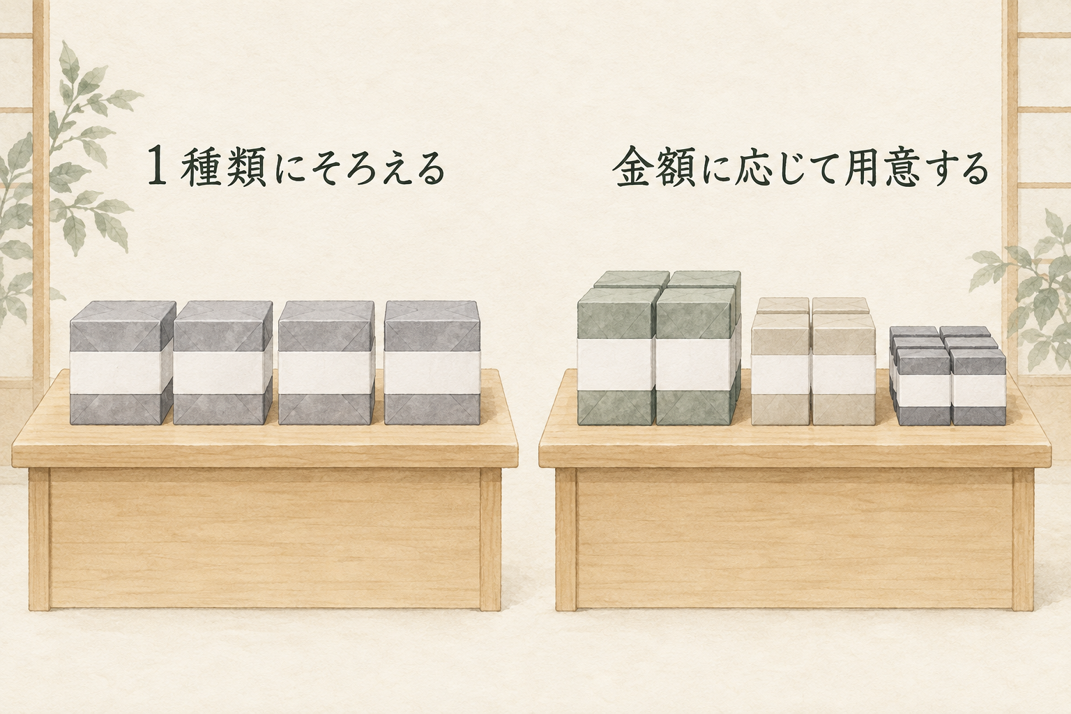 返礼品を1種類にそろえる方法と、香典額に応じて用意する方法